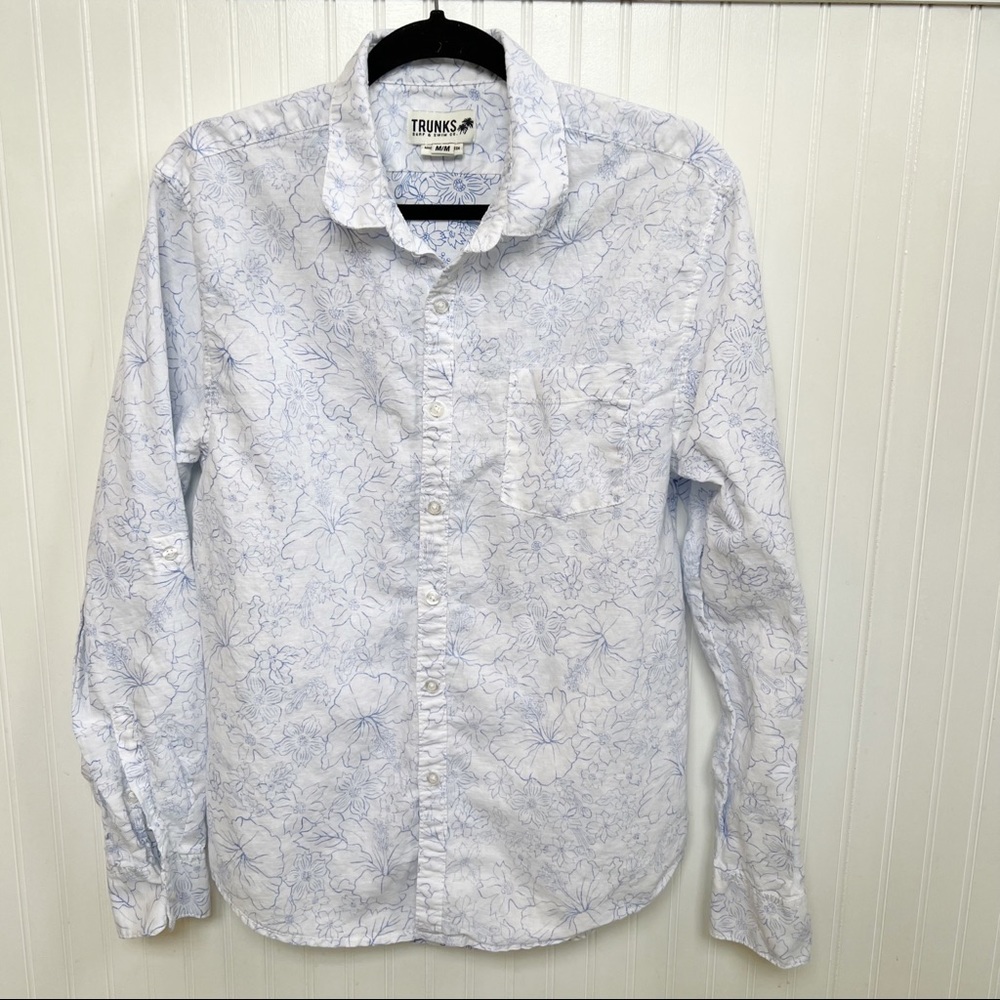 Trunks Surf & Swim White & Blue Floral Linen & Cotton Blend Button Up Shirt